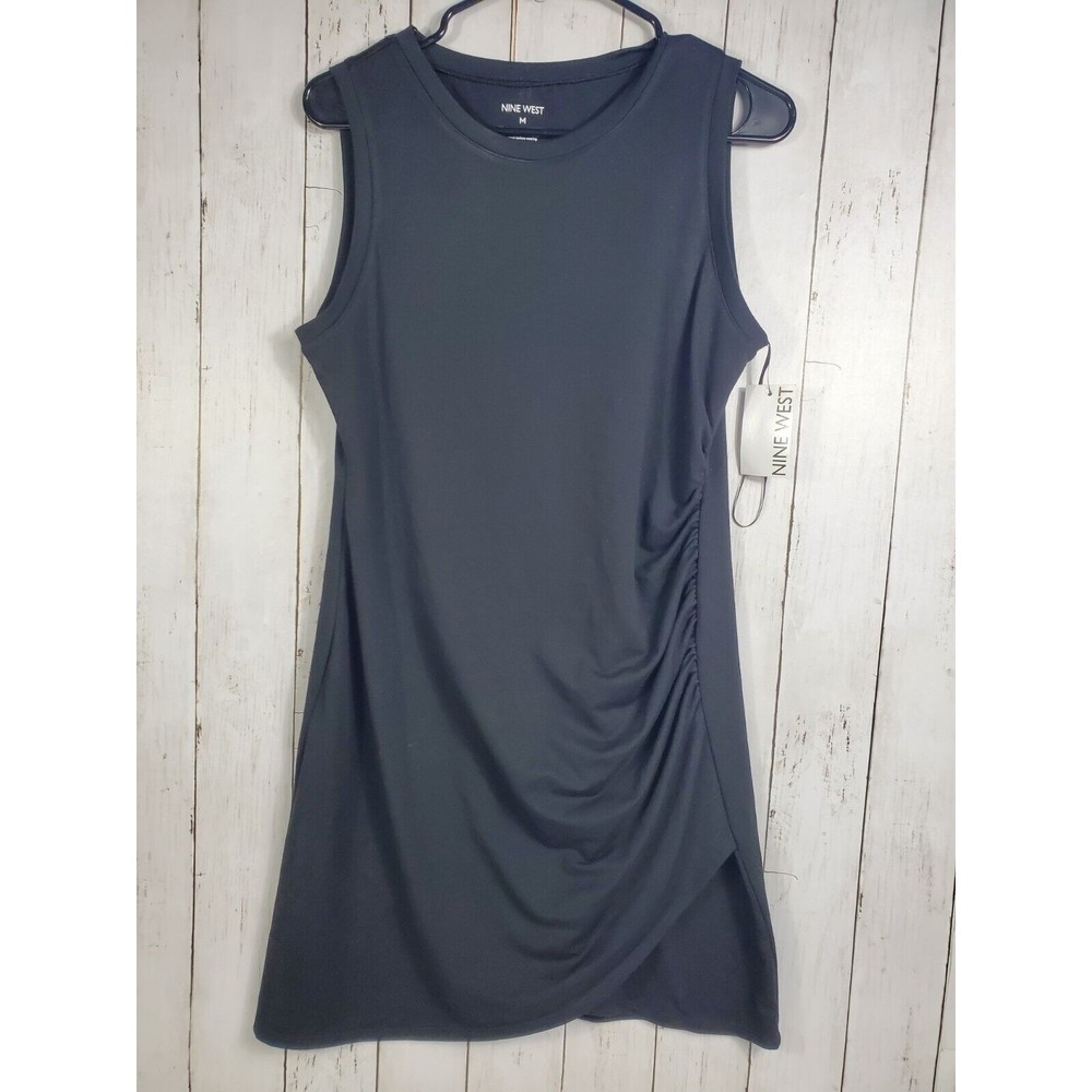 Nine West Ribbed Sleeveless Dress Women's Medium Black Stretch NEW